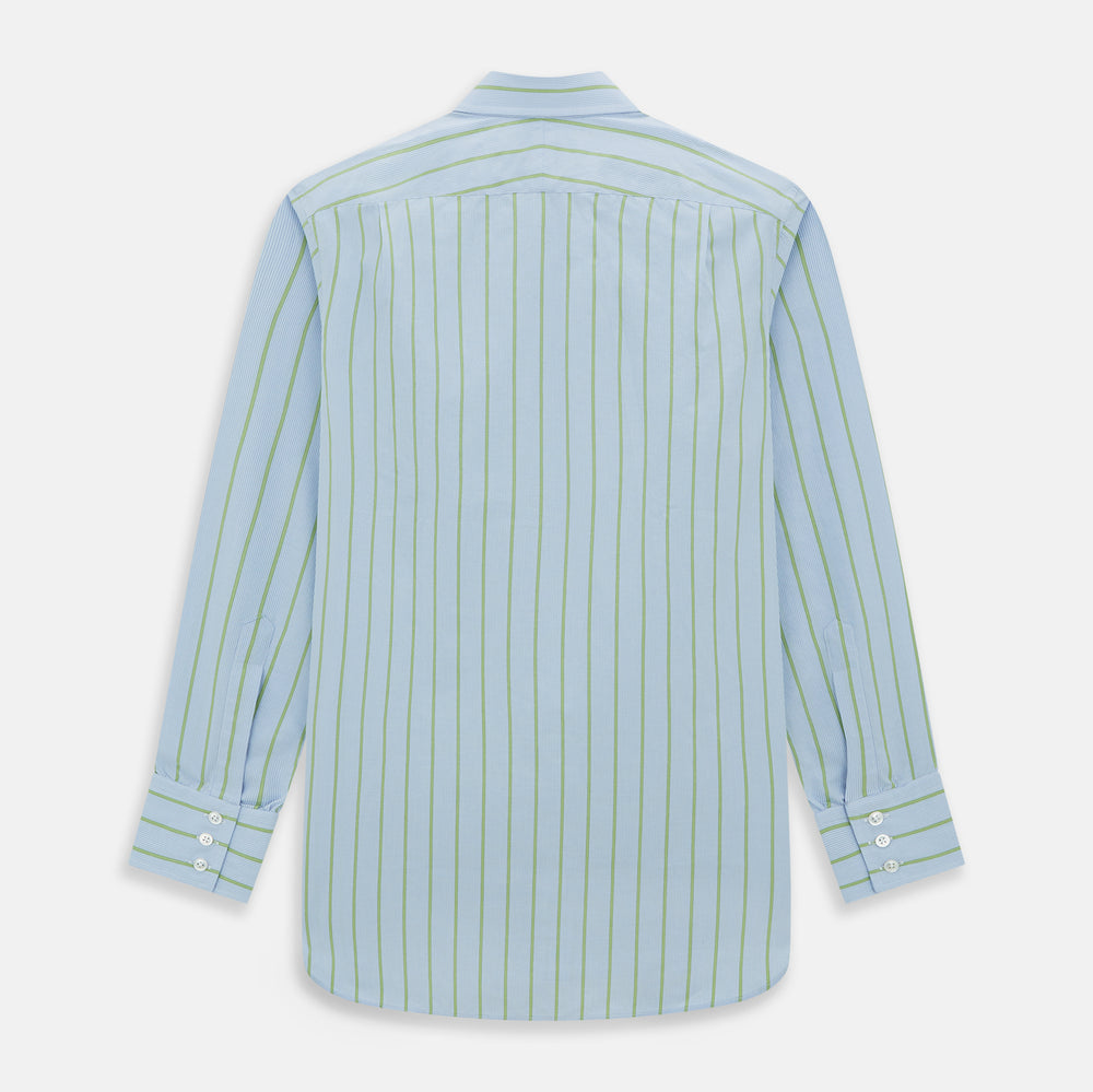 The Light Green and Blue Stripe Mayfair Shirt by Turnbull & Asser, crafted from organic cotton with vertical stripes and a classic T&A collar, is shown with buttoned cuffs against a plain white background.