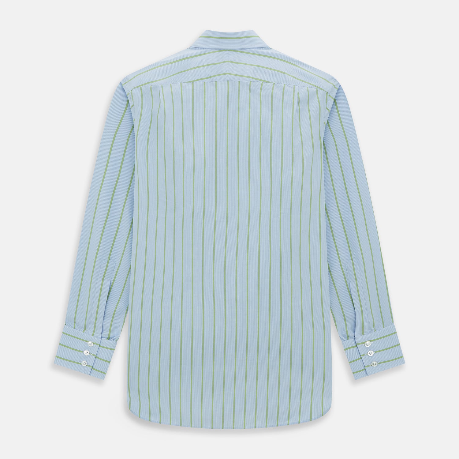 View 6 of product The Light Green and Blue Stripe Mayfair Shirt by Turnbull & Asser, crafted from organic cotton with vertical stripes and a classic T&A collar, is shown with buttoned cuffs against a plain white background.