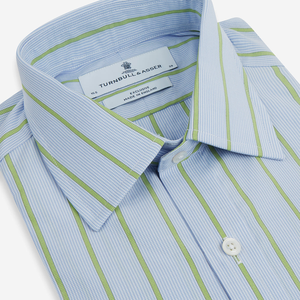 The Light Green and Blue Stripe Mayfair Shirt by Turnbull & Asser, crafted from organic cotton with vertical stripes and a classic T&A collar, is shown with buttoned cuffs against a plain white background.
