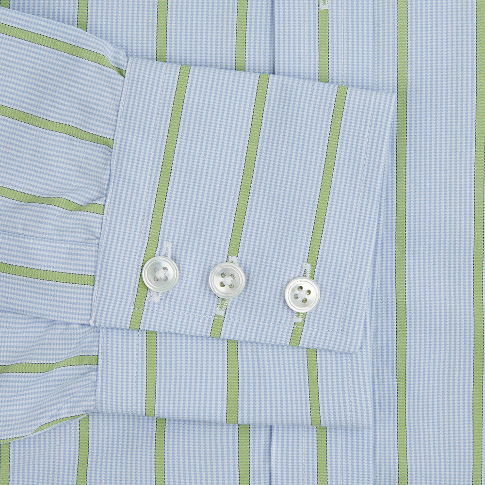 The Light Green and Blue Stripe Mayfair Shirt by Turnbull & Asser, crafted from organic cotton with vertical stripes and a classic T&A collar, is shown with buttoned cuffs against a plain white background.