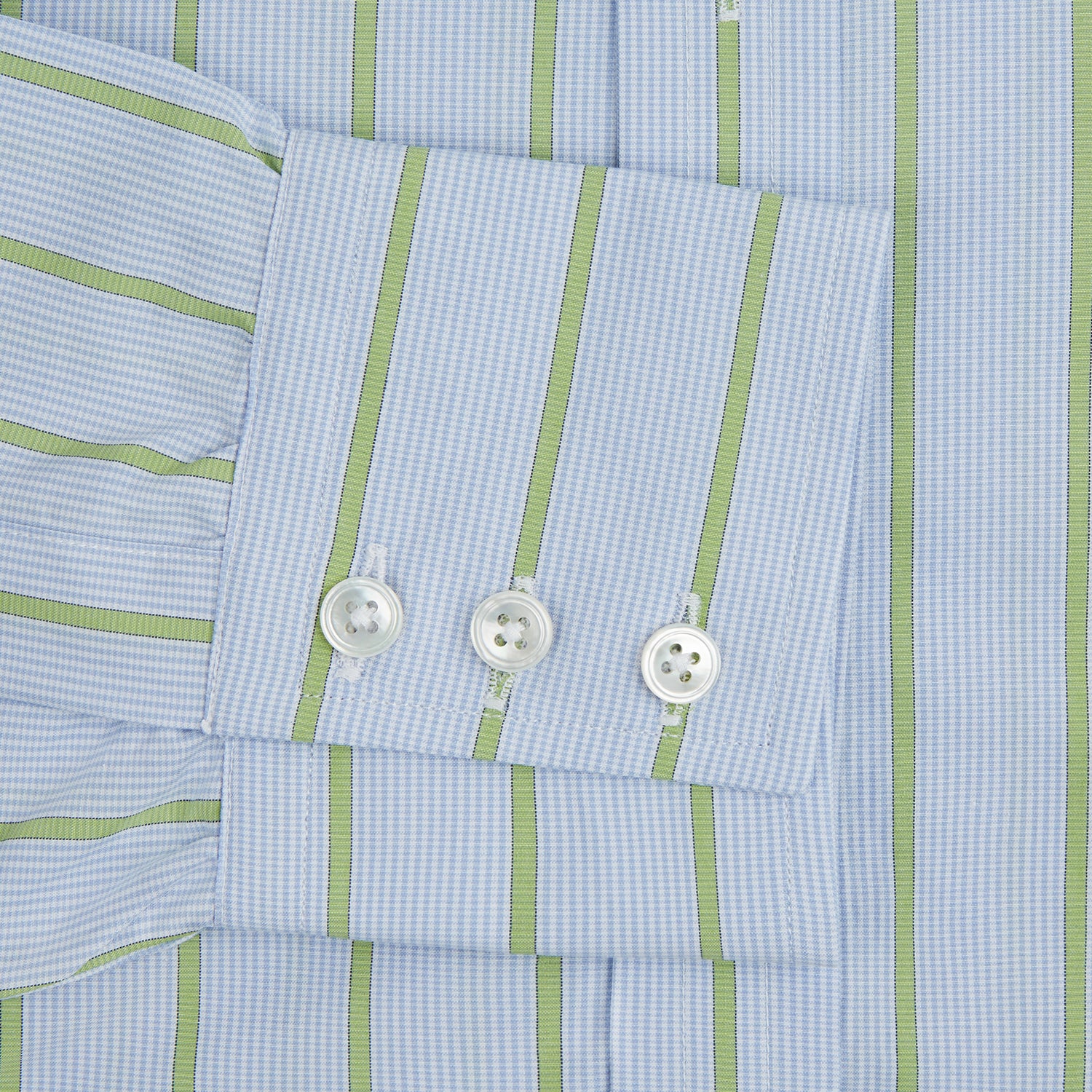View 3 of product The Light Green and Blue Stripe Mayfair Shirt by Turnbull & Asser, crafted from organic cotton with vertical stripes and a classic T&A collar, is shown with buttoned cuffs against a plain white background.