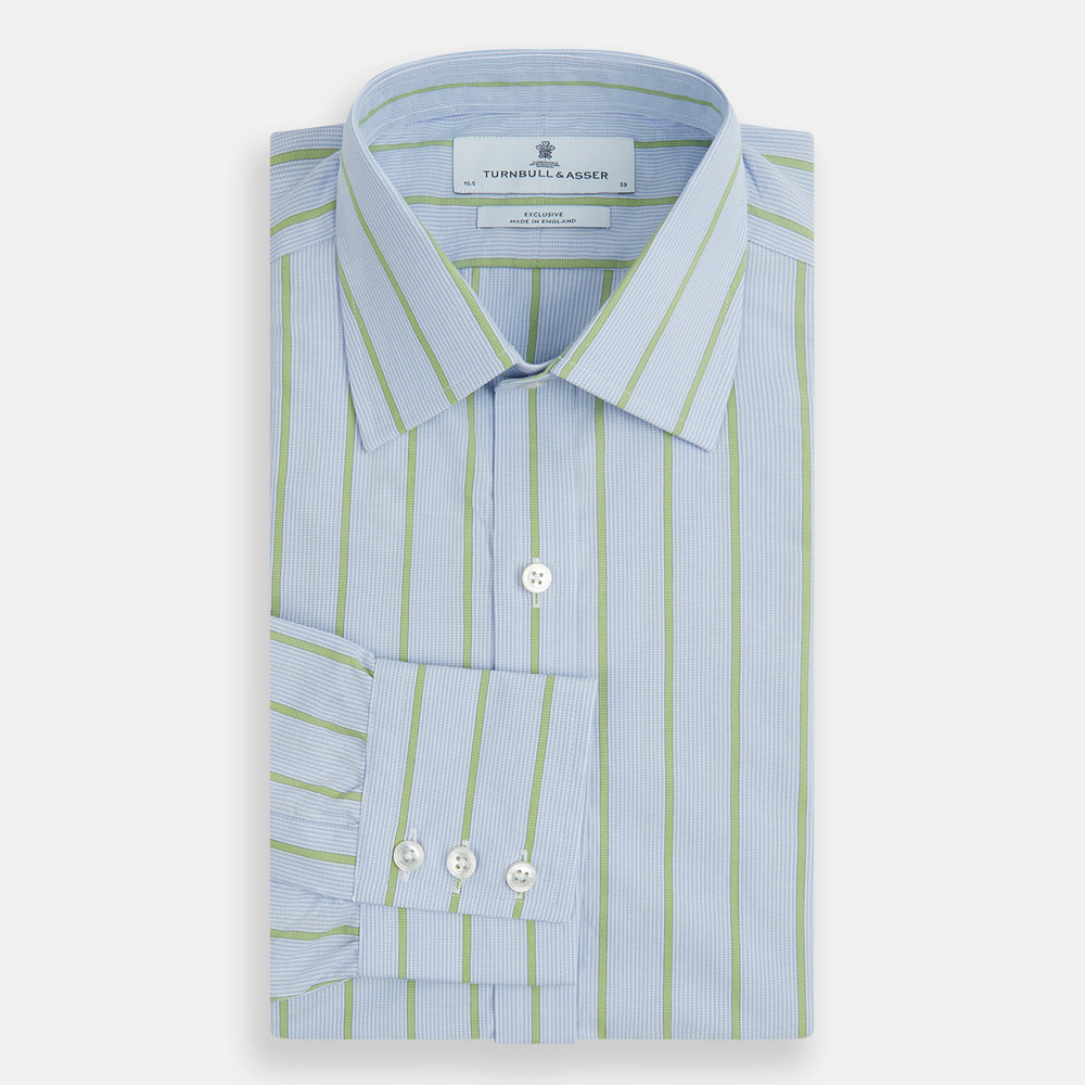 The Light Green and Blue Stripe Mayfair Shirt by Turnbull & Asser, crafted from organic cotton with vertical stripes and a classic T&A collar, is shown with buttoned cuffs against a plain white background.