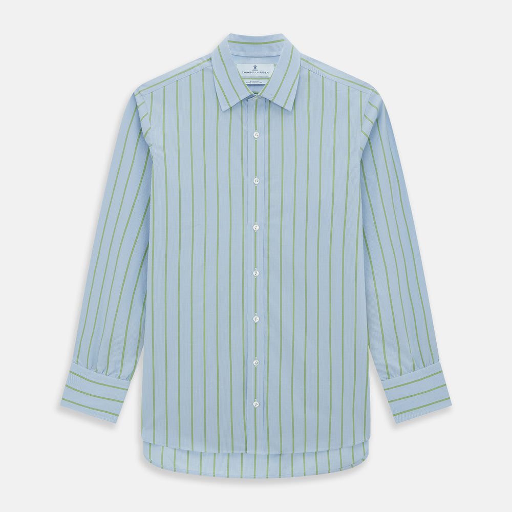 The Light Green and Blue Stripe Mayfair Shirt by Turnbull & Asser, crafted from organic cotton with vertical stripes and a classic T&A collar, is shown with buttoned cuffs against a plain white background.