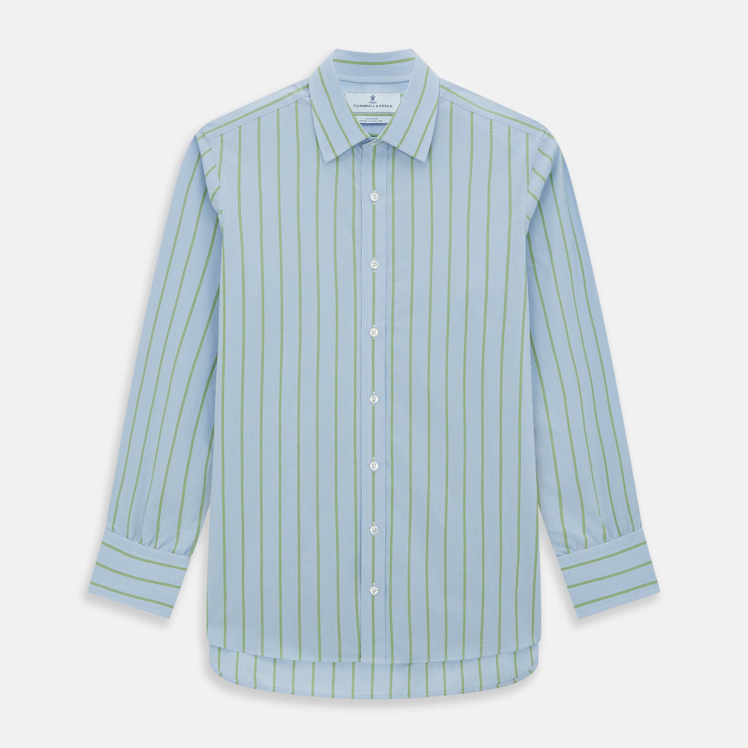 View 1 of product The Light Green and Blue Stripe Mayfair Shirt by Turnbull & Asser, crafted from organic cotton with vertical stripes and a classic T&A collar, is shown with buttoned cuffs against a plain white background.