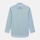 The Light Green and Blue Stripe Mayfair Shirt by Turnbull & Asser, crafted from organic cotton with vertical stripes and a classic T&A collar, is shown with buttoned cuffs against a plain white background.