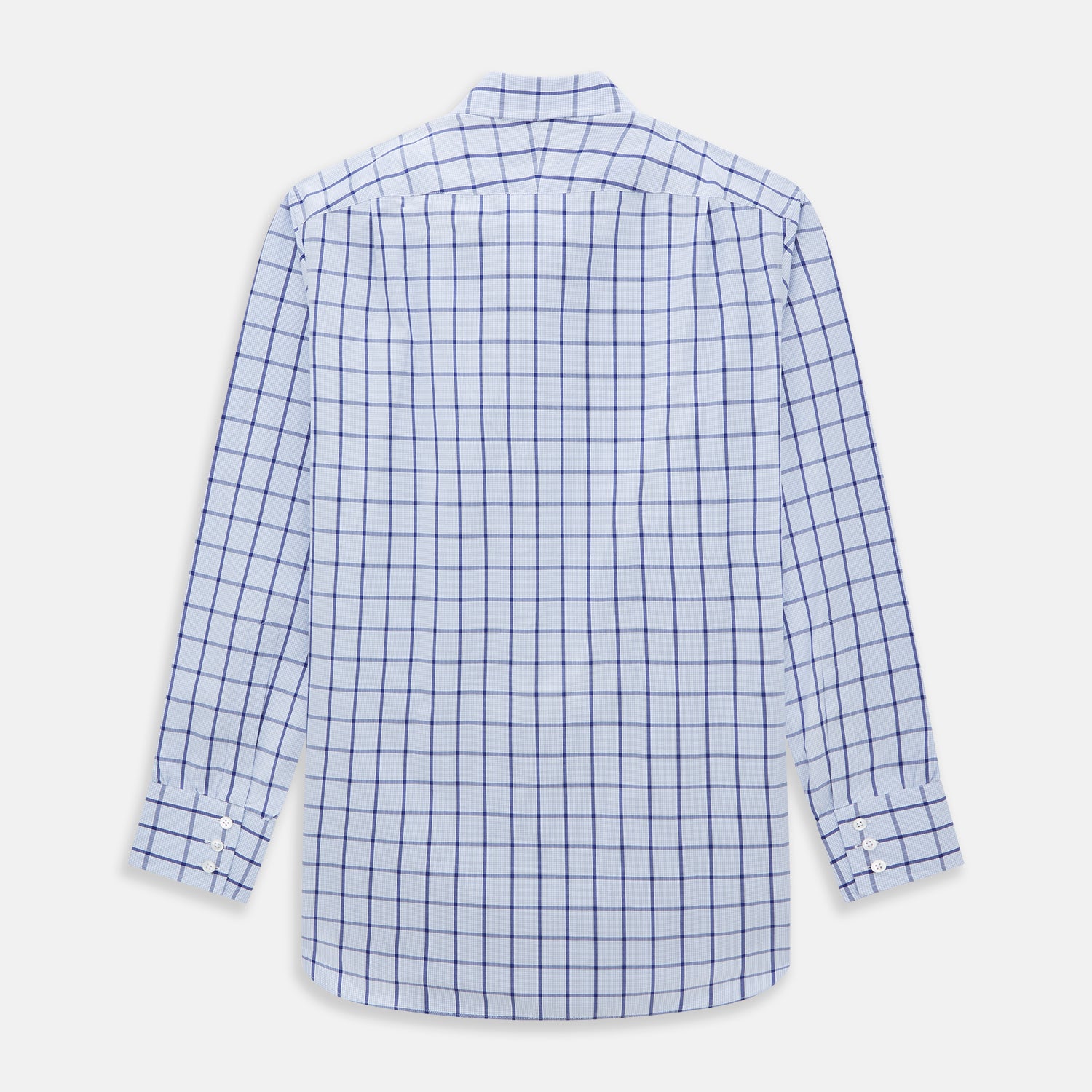 View 5 of product The Turnbull & Asser Navy Blue Windowpane Check Mayfair Shirt is a long-sleeved, organic cotton, button-up dress shirt with a classic collar and buttoned cuffs—white fabric with navy windowpane checks, ideal for any wardrobe capsule.