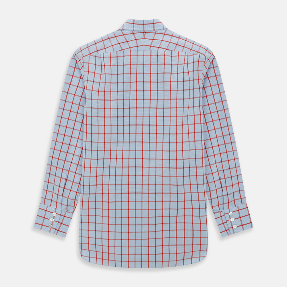The Red Windowpane Check Mayfair Shirt by Turnbull & Asser is crafted from organic cotton in light blue with red and white windowpane checks, shown against a plain white background.