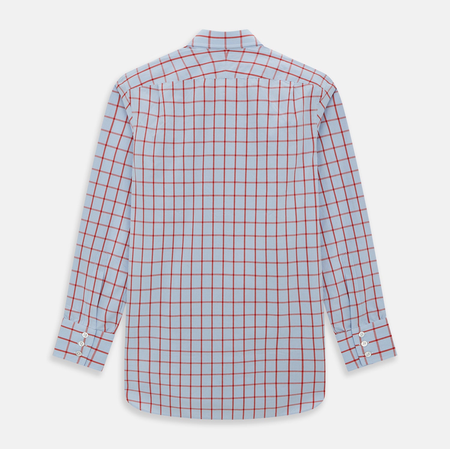 View 6 of product The Red Windowpane Check Mayfair Shirt by Turnbull & Asser is crafted from organic cotton in light blue with red and white windowpane checks, shown against a plain white background.