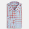 View 4 of product The Red Windowpane Check Mayfair Shirt by Turnbull & Asser is crafted from organic cotton in light blue with red and white windowpane checks, shown against a plain white background.