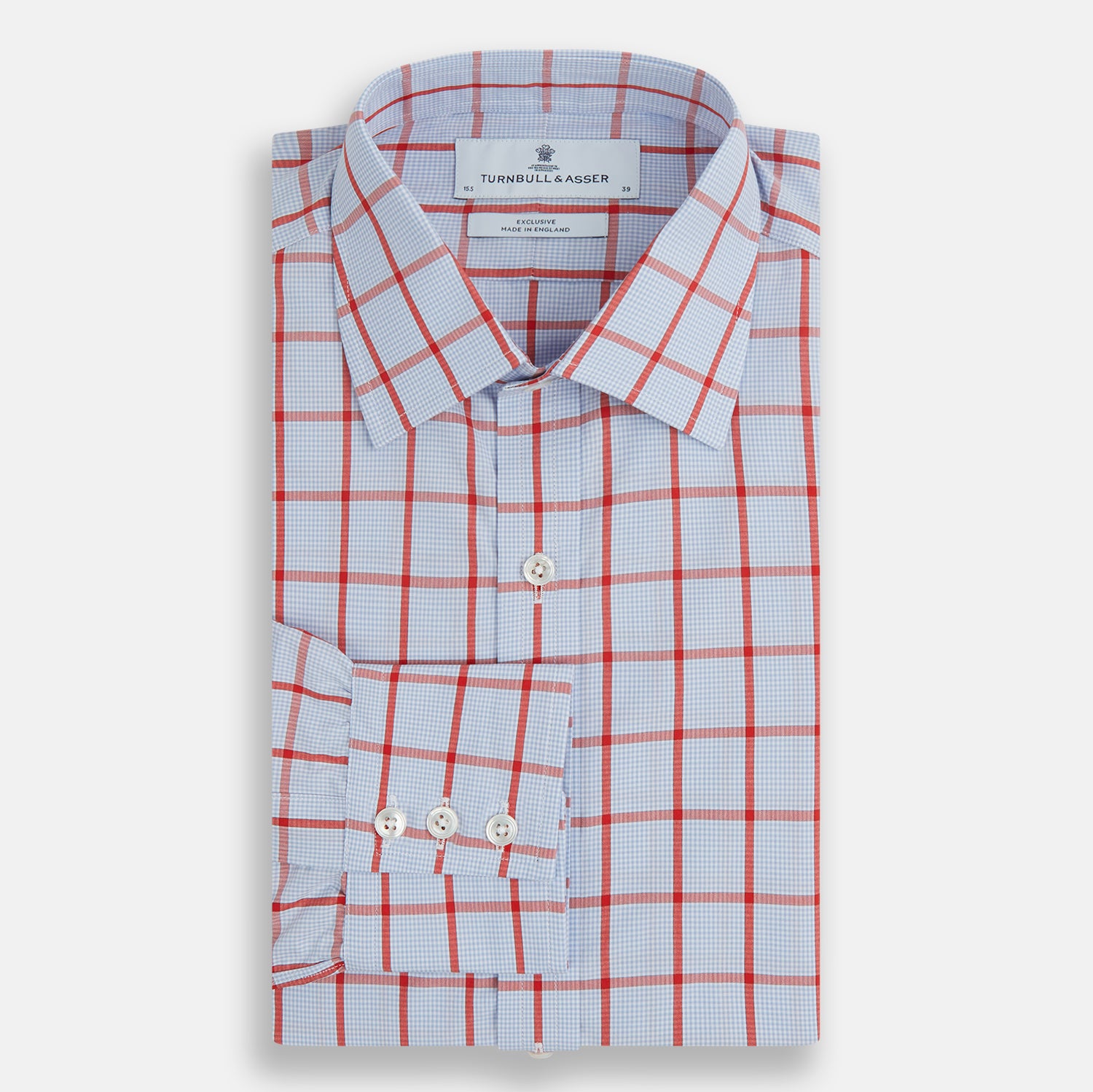View 4 of product The Red Windowpane Check Mayfair Shirt by Turnbull & Asser is crafted from organic cotton in light blue with red and white windowpane checks, shown against a plain white background.