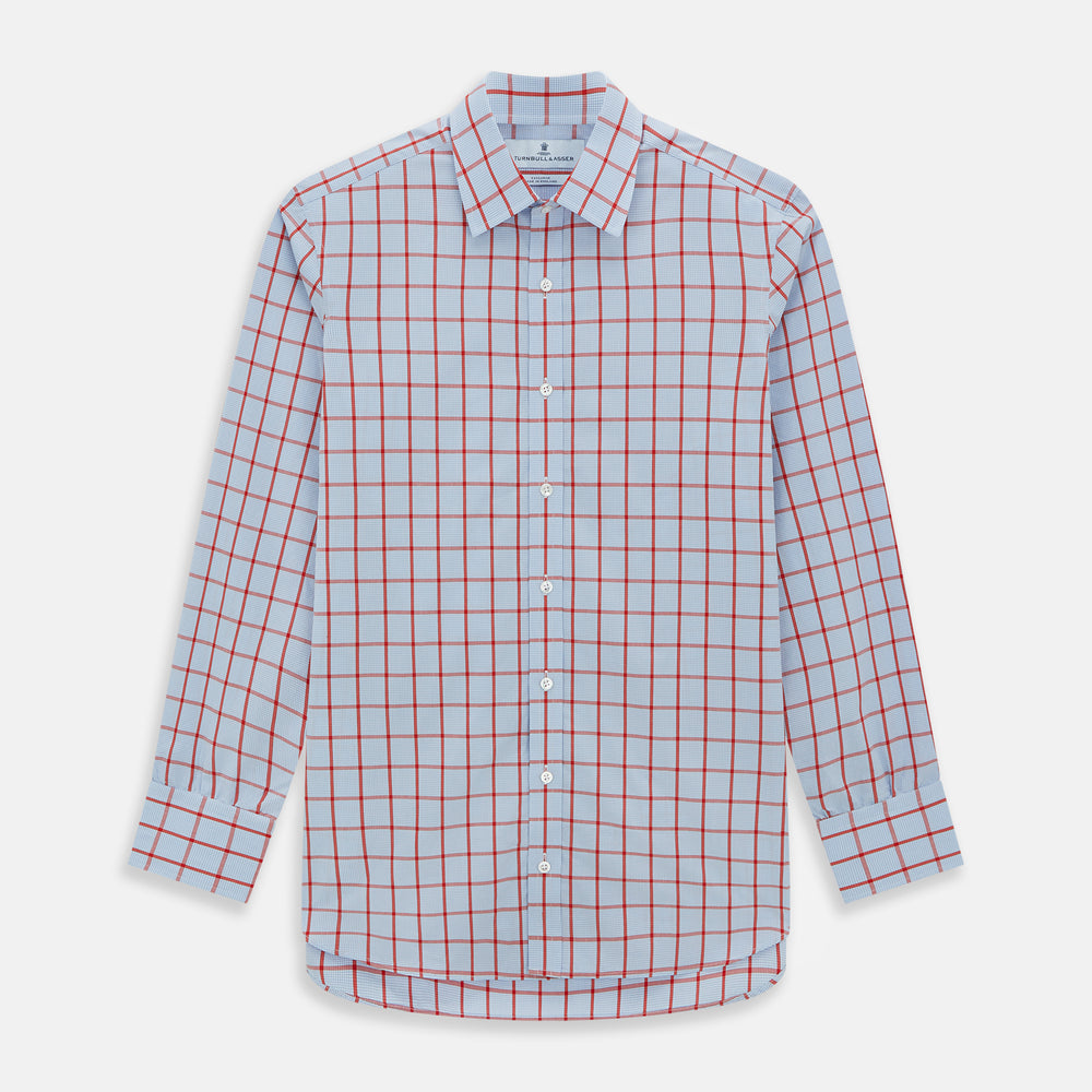 The Red Windowpane Check Mayfair Shirt by Turnbull & Asser is crafted from organic cotton in light blue with red and white windowpane checks, shown against a plain white background.