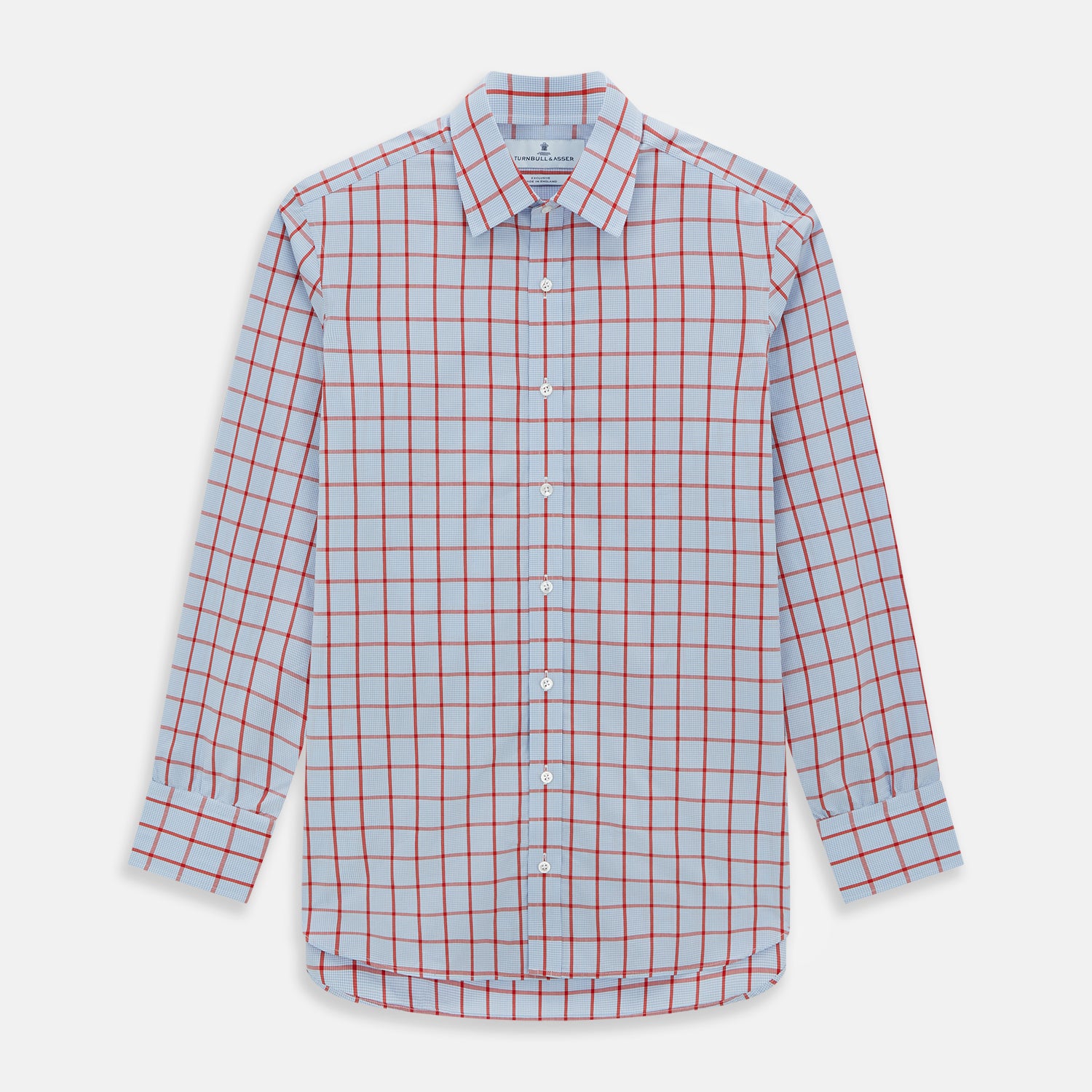 View 1 of product The Red Windowpane Check Mayfair Shirt by Turnbull & Asser is crafted from organic cotton in light blue with red and white windowpane checks, shown against a plain white background.