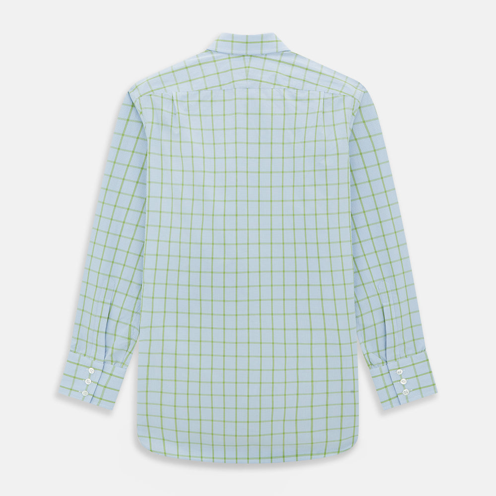 The Turnbull & Asser Light Green Windowpane Check Mayfair Shirt, crafted from organic cotton with a classic collar and buttoned cuffs, is displayed on a plain white background.