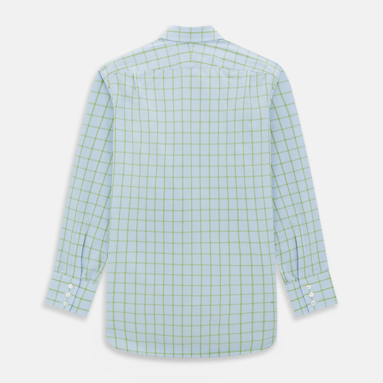 View 6 of product The Turnbull & Asser Light Green Windowpane Check Mayfair Shirt, crafted from organic cotton with a classic collar and buttoned cuffs, is displayed on a plain white background.
