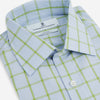 View 2 of product The Turnbull & Asser Light Green Windowpane Check Mayfair Shirt, crafted from organic cotton with a classic collar and buttoned cuffs, is displayed on a plain white background.
