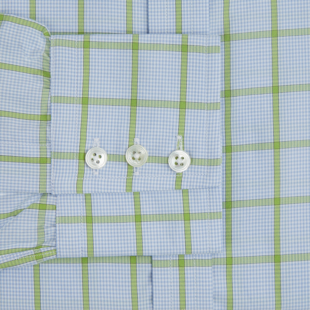 The Turnbull & Asser Light Green Windowpane Check Mayfair Shirt, crafted from organic cotton with a classic collar and buttoned cuffs, is displayed on a plain white background.