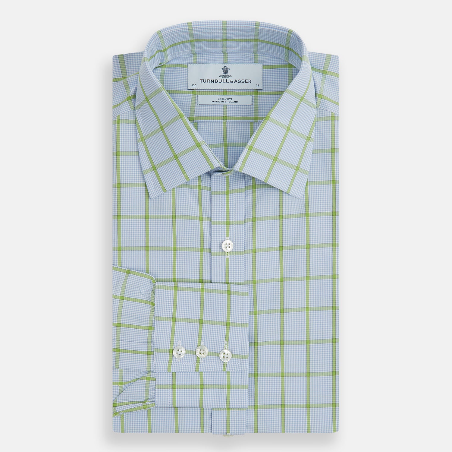View 4 of product The Turnbull & Asser Light Green Windowpane Check Mayfair Shirt, crafted from organic cotton with a classic collar and buttoned cuffs, is displayed on a plain white background.