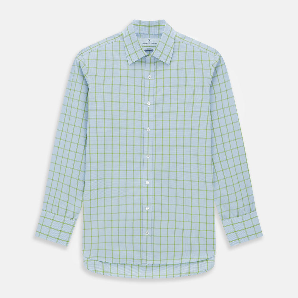 The Turnbull & Asser Light Green Windowpane Check Mayfair Shirt, crafted from organic cotton with a classic collar and buttoned cuffs, is displayed on a plain white background.