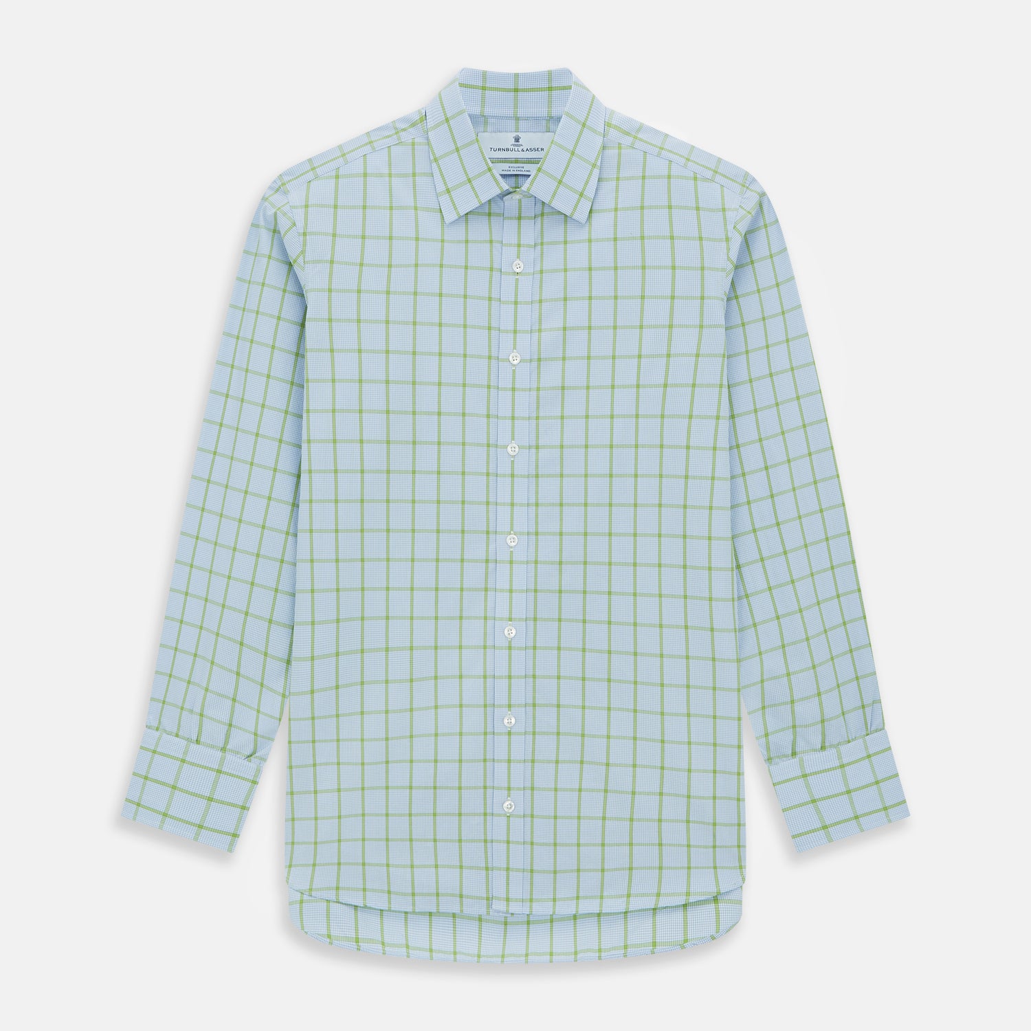 View 1 of product The Turnbull & Asser Light Green Windowpane Check Mayfair Shirt, crafted from organic cotton with a classic collar and buttoned cuffs, is displayed on a plain white background.
