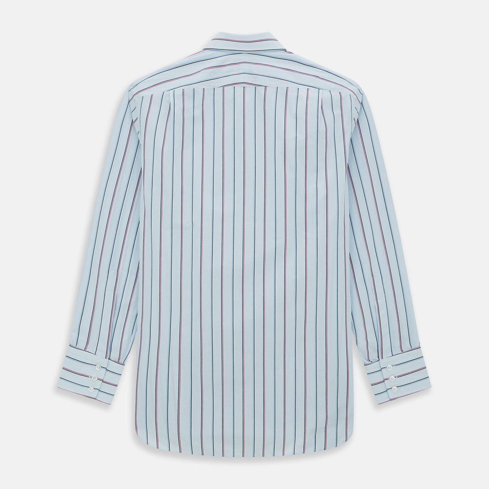 The Blue and Pink Shadow Stripe Mayfair Shirt by Turnbull & Asser features a T&A collar, long sleeves, buttoned cuffs, and a relaxed fit. Made from organic cotton with blue and pink shadow stripes for effortless style.