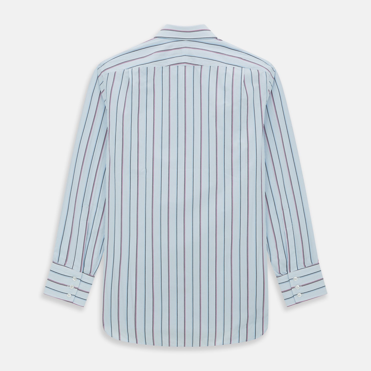 View 6 of product The Blue and Pink Shadow Stripe Mayfair Shirt by Turnbull & Asser features a T&A collar, long sleeves, buttoned cuffs, and a relaxed fit. Made from organic cotton with blue and pink shadow stripes for effortless style.