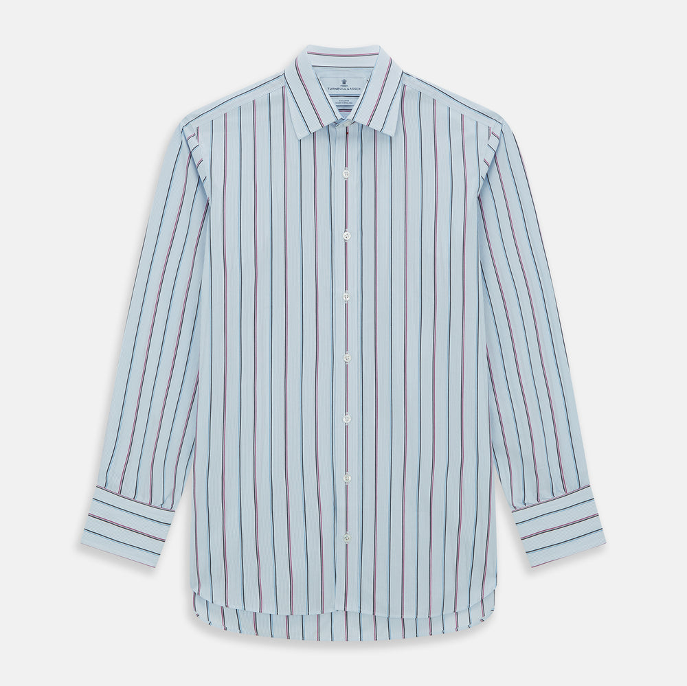 The Blue and Pink Shadow Stripe Mayfair Shirt by Turnbull & Asser features a T&A collar, long sleeves, buttoned cuffs, and a relaxed fit. Made from organic cotton with blue and pink shadow stripes for effortless style.