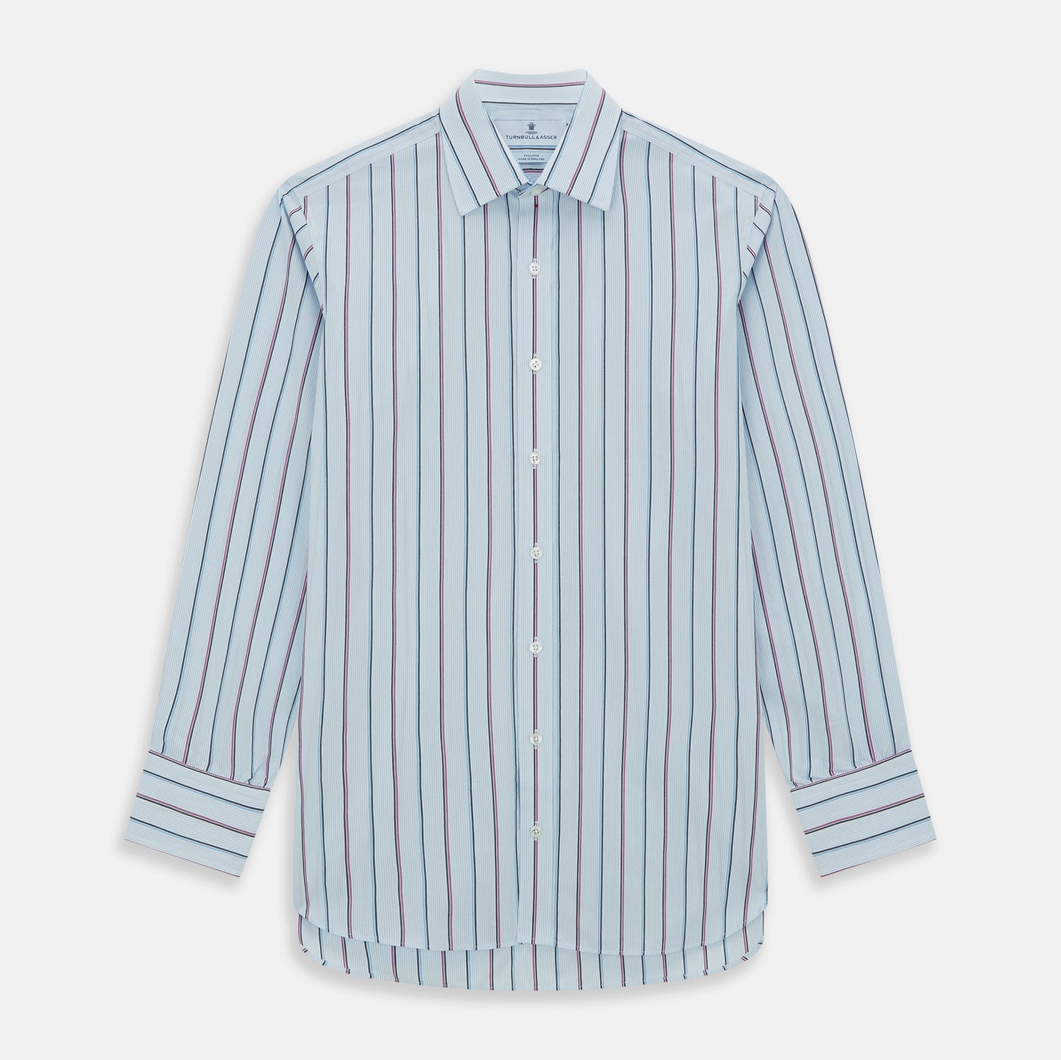 View 1 of product The Blue and Pink Shadow Stripe Mayfair Shirt by Turnbull & Asser features a T&A collar, long sleeves, buttoned cuffs, and a relaxed fit. Made from organic cotton with blue and pink shadow stripes for effortless style.