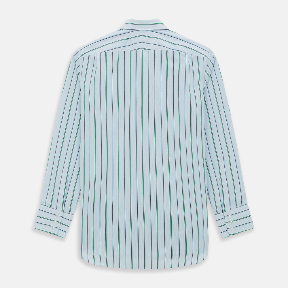 The Blue and Green Shadow Stripe Mayfair Shirt by Turnbull & Asser is a long-sleeved, organic cotton button-up with a T&A collar, buttoned cuffs, and blue and green vertical stripes on white. Features a slightly rounded hem.