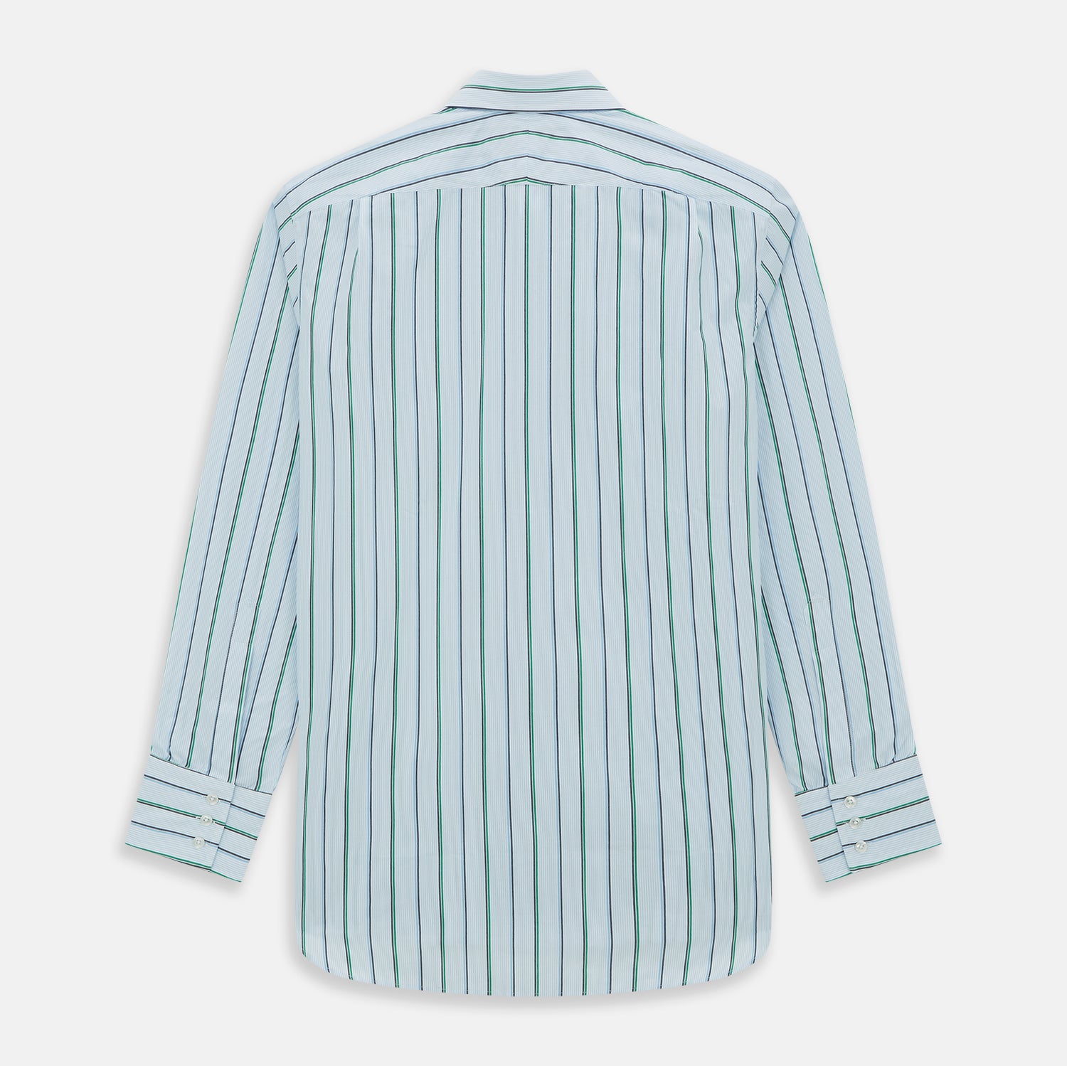 View 6 of product The Blue and Green Shadow Stripe Mayfair Shirt by Turnbull & Asser is a long-sleeved, organic cotton button-up with a T&A collar, buttoned cuffs, and blue and green vertical stripes on white. Features a slightly rounded hem.