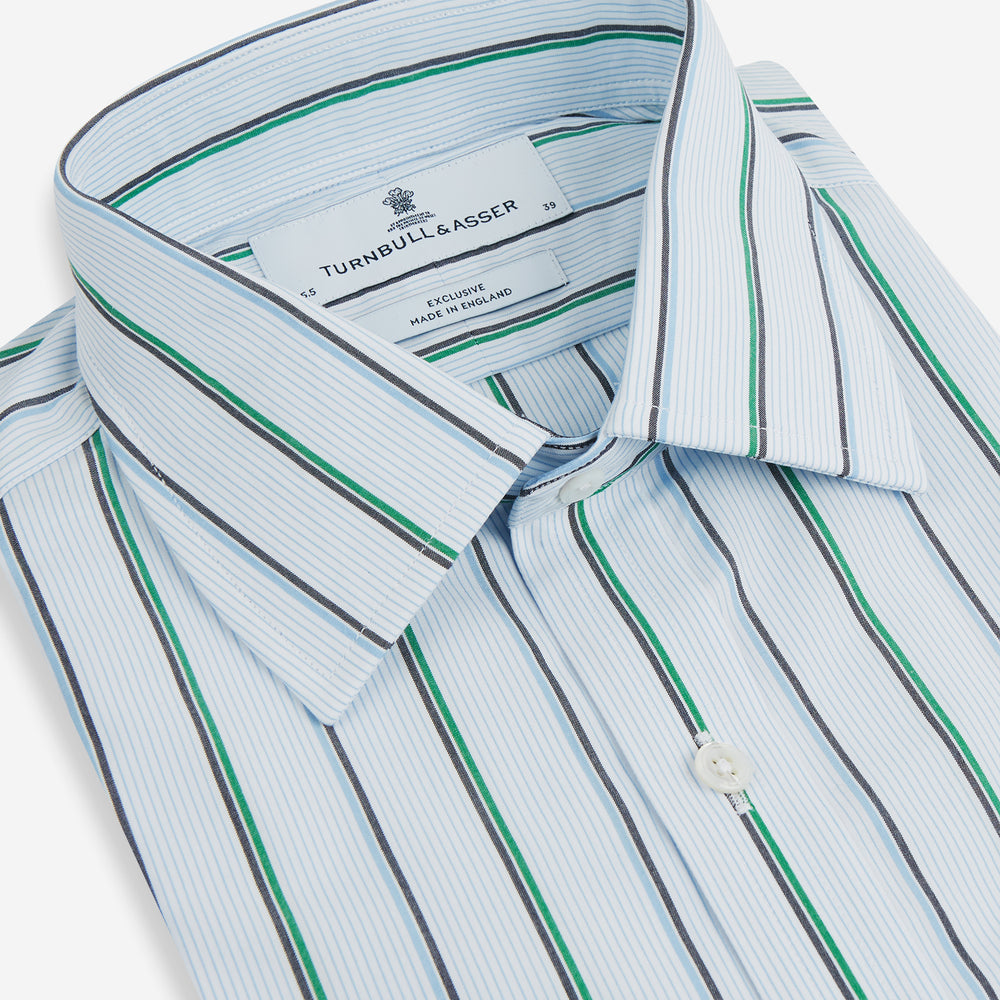The Blue and Green Shadow Stripe Mayfair Shirt by Turnbull & Asser is a long-sleeved, organic cotton button-up with a T&A collar, buttoned cuffs, and blue and green vertical stripes on white. Features a slightly rounded hem.