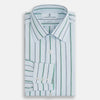 View 4 of product The Blue and Green Shadow Stripe Mayfair Shirt by Turnbull & Asser is a long-sleeved, organic cotton button-up with a T&A collar, buttoned cuffs, and blue and green vertical stripes on white. Features a slightly rounded hem.