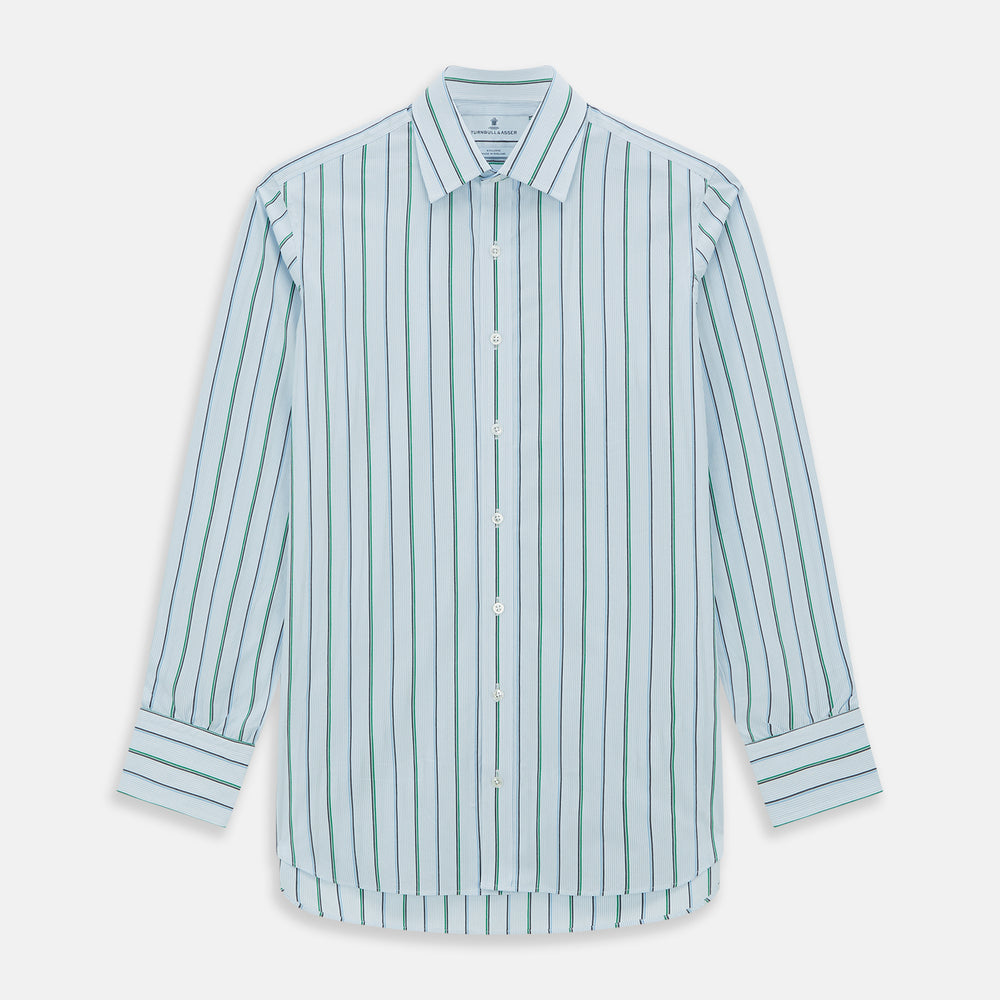 The Blue and Green Shadow Stripe Mayfair Shirt by Turnbull & Asser is a long-sleeved, organic cotton button-up with a T&A collar, buttoned cuffs, and blue and green vertical stripes on white. Features a slightly rounded hem.