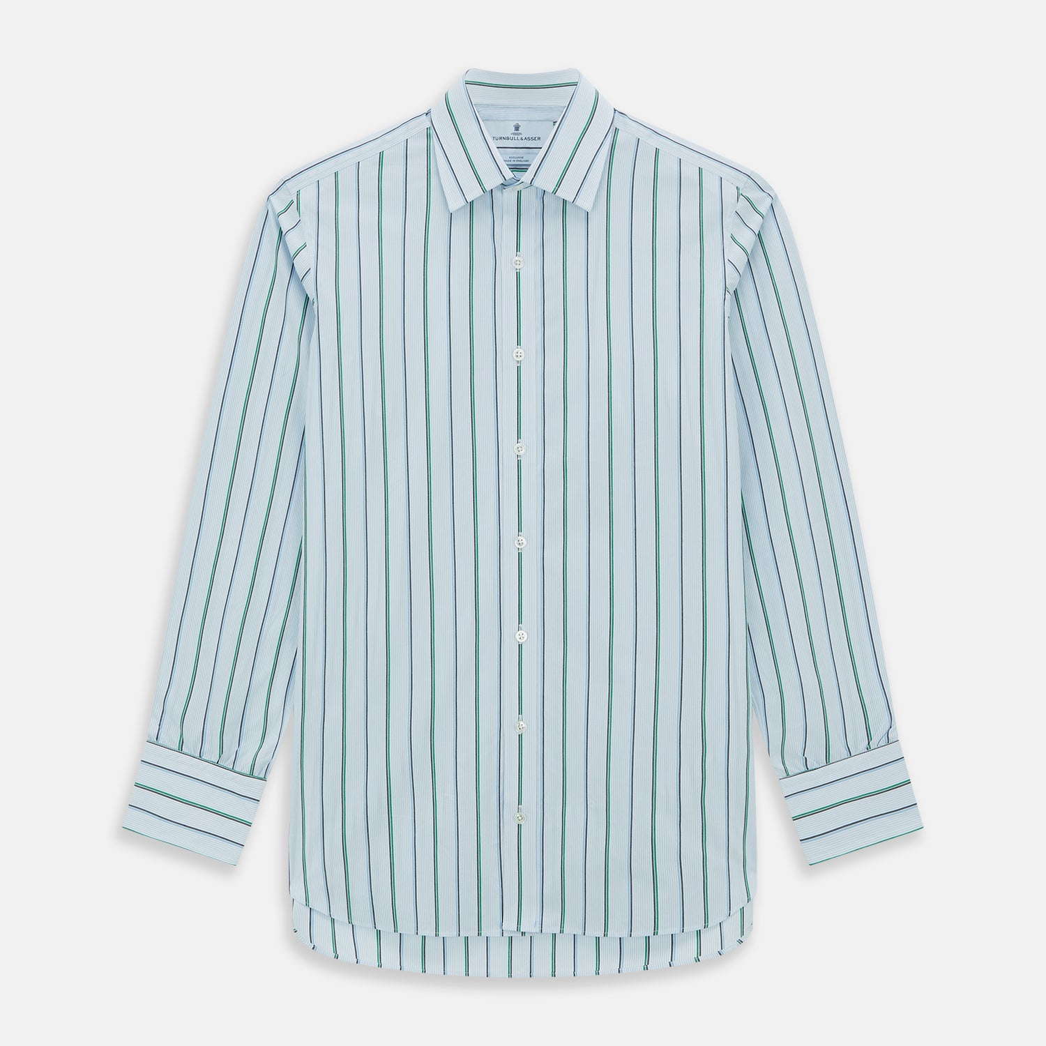 View 1 of product The Blue and Green Shadow Stripe Mayfair Shirt by Turnbull & Asser is a long-sleeved, organic cotton button-up with a T&A collar, buttoned cuffs, and blue and green vertical stripes on white. Features a slightly rounded hem.