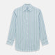 The Blue and Green Shadow Stripe Mayfair Shirt by Turnbull & Asser is a long-sleeved, organic cotton button-up with a T&A collar, buttoned cuffs, and blue and green vertical stripes on white. Features a slightly rounded hem.