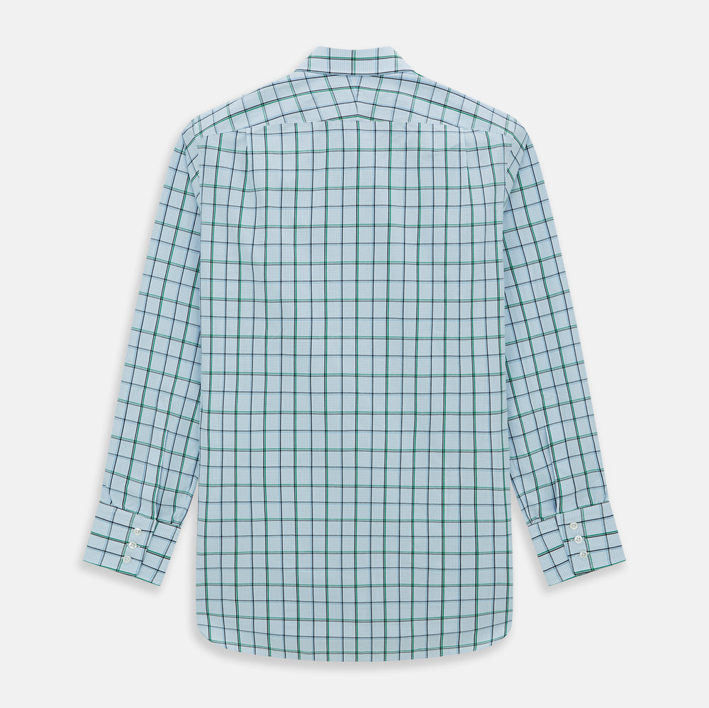 The Turnbull & Asser Blue and Green Tattersall Check Mayfair Shirt features a long-sleeve design with blue and green checks on white, shown against a plain white background.