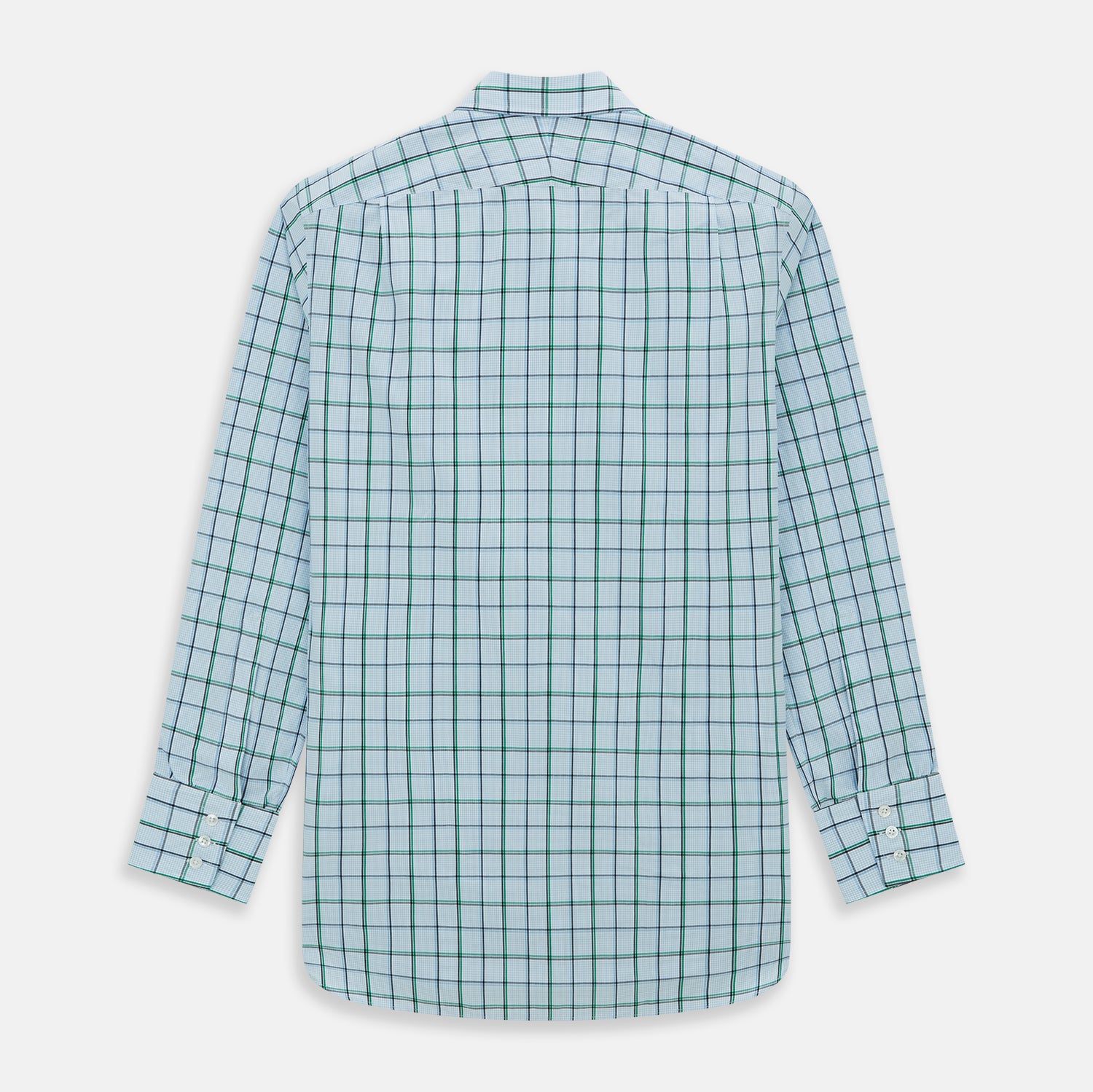 View 6 of product The Turnbull & Asser Blue and Green Tattersall Check Mayfair Shirt features a long-sleeve design with blue and green checks on white, shown against a plain white background.