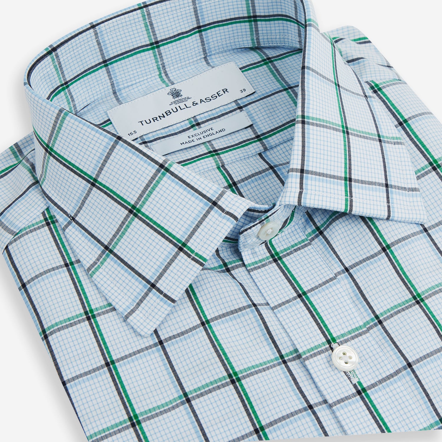View 2 of product The Turnbull & Asser Blue and Green Tattersall Check Mayfair Shirt features a long-sleeve design with blue and green checks on white, shown against a plain white background.