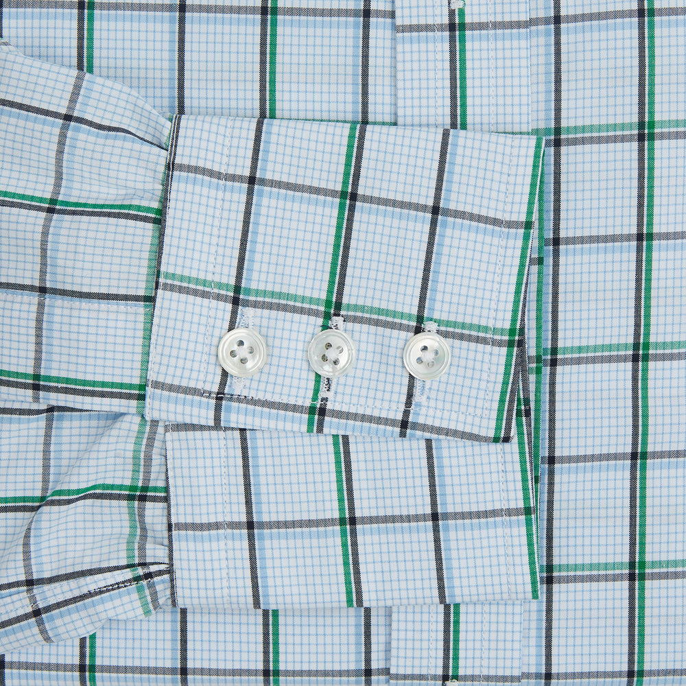 The Turnbull & Asser Blue and Green Tattersall Check Mayfair Shirt features a long-sleeve design with blue and green checks on white, shown against a plain white background.