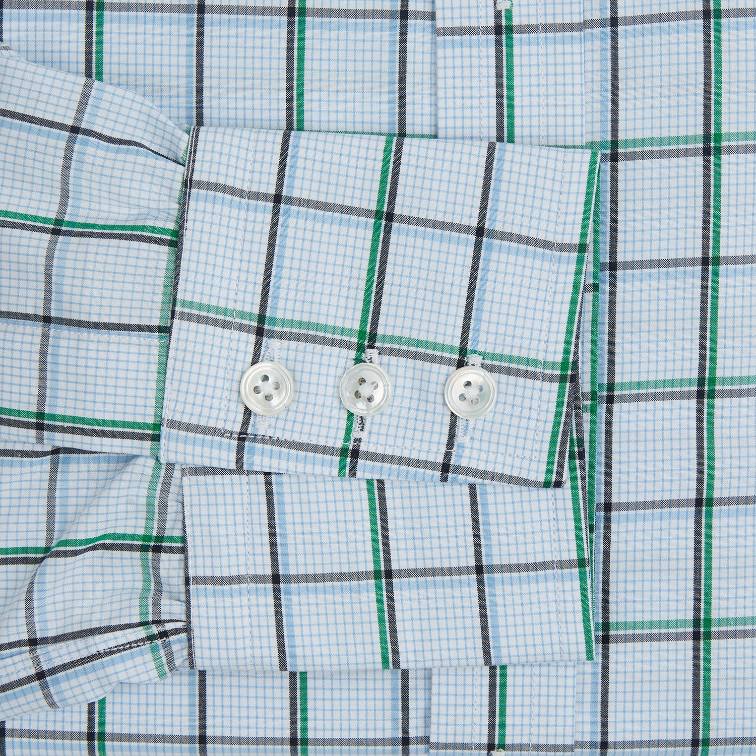 View 3 of product The Turnbull & Asser Blue and Green Tattersall Check Mayfair Shirt features a long-sleeve design with blue and green checks on white, shown against a plain white background.