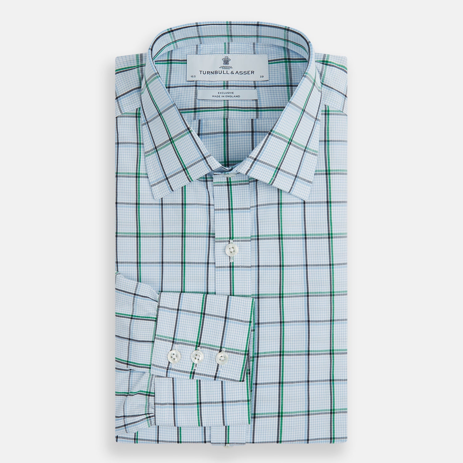 View 4 of product The Turnbull & Asser Blue and Green Tattersall Check Mayfair Shirt features a long-sleeve design with blue and green checks on white, shown against a plain white background.