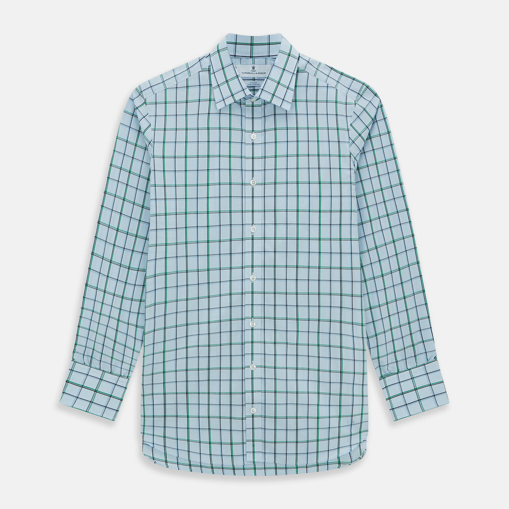 The Turnbull & Asser Blue and Green Tattersall Check Mayfair Shirt features a long-sleeve design with blue and green checks on white, shown against a plain white background.