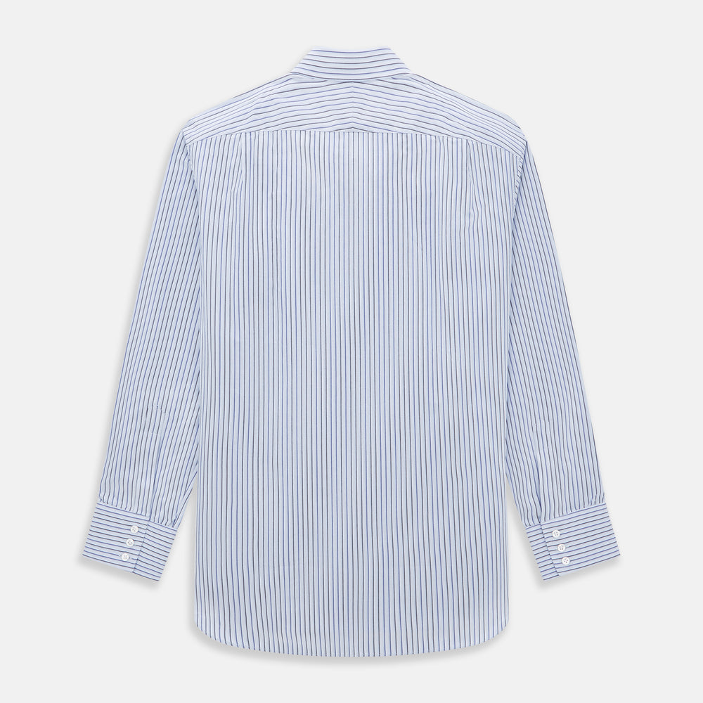 The Blue Shadow Pinstripe Mayfair Shirt by Turnbull & Asser is a long-sleeve, organic cotton dress shirt with light blue and white vertical stripes, a collar, and button-down front, shown against a white background.
