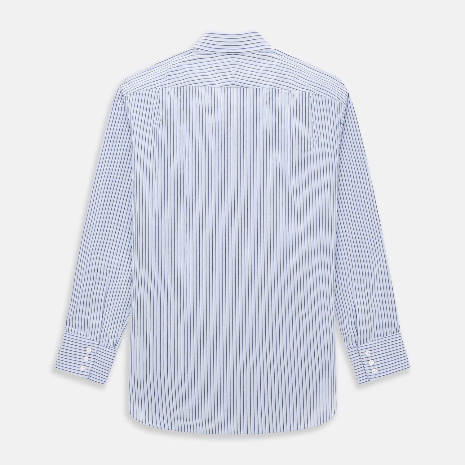View 5 of product The Blue Shadow Pinstripe Mayfair Shirt by Turnbull & Asser is a long-sleeve, organic cotton dress shirt with light blue and white vertical stripes, a collar, and button-down front, shown against a white background.