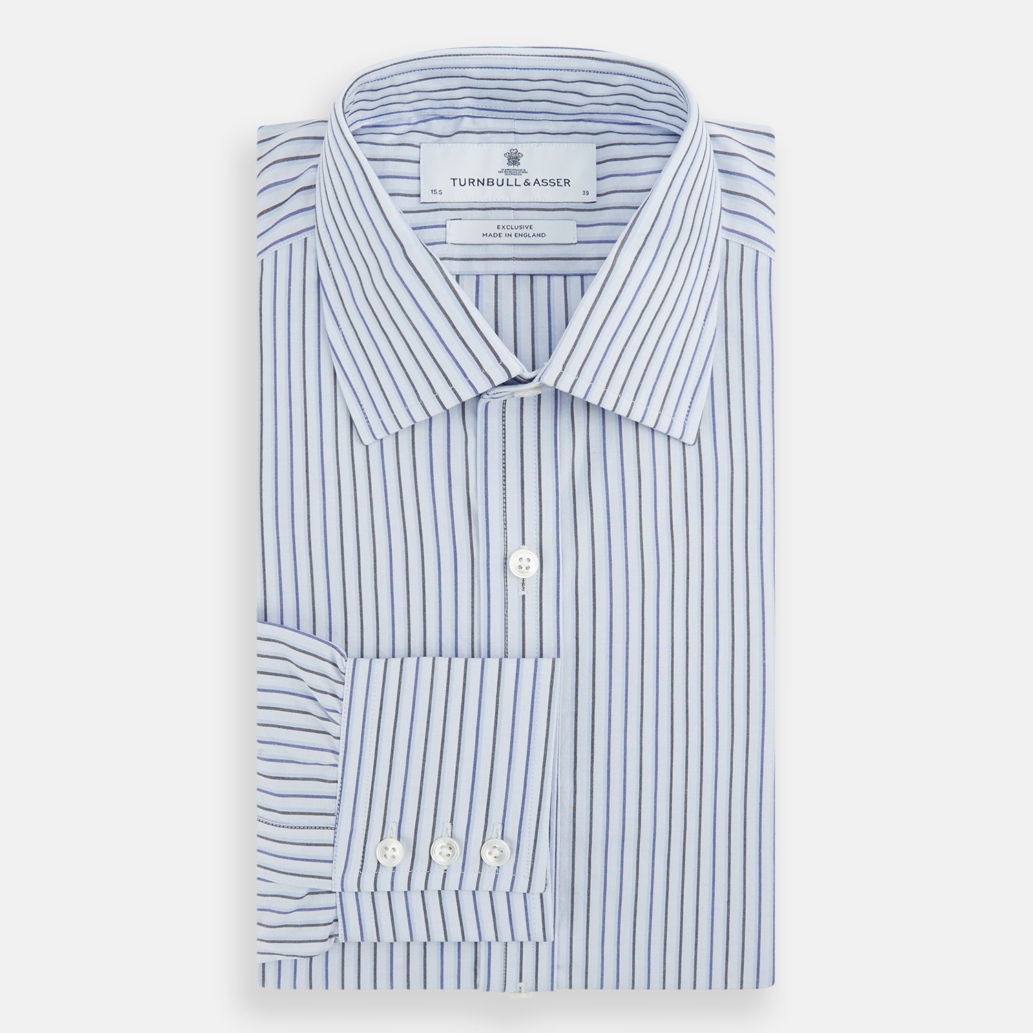 View 4 of product The Blue Shadow Pinstripe Mayfair Shirt by Turnbull & Asser is a long-sleeve, organic cotton dress shirt with light blue and white vertical stripes, a collar, and button-down front, shown against a white background.
