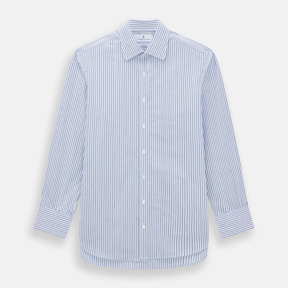 The Blue Shadow Pinstripe Mayfair Shirt by Turnbull & Asser is a long-sleeve, organic cotton dress shirt with light blue and white vertical stripes, a collar, and button-down front, shown against a white background.