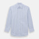 The Blue Shadow Pinstripe Mayfair Shirt by Turnbull & Asser is a long-sleeve, organic cotton dress shirt with light blue and white vertical stripes, a collar, and button-down front, shown against a white background.