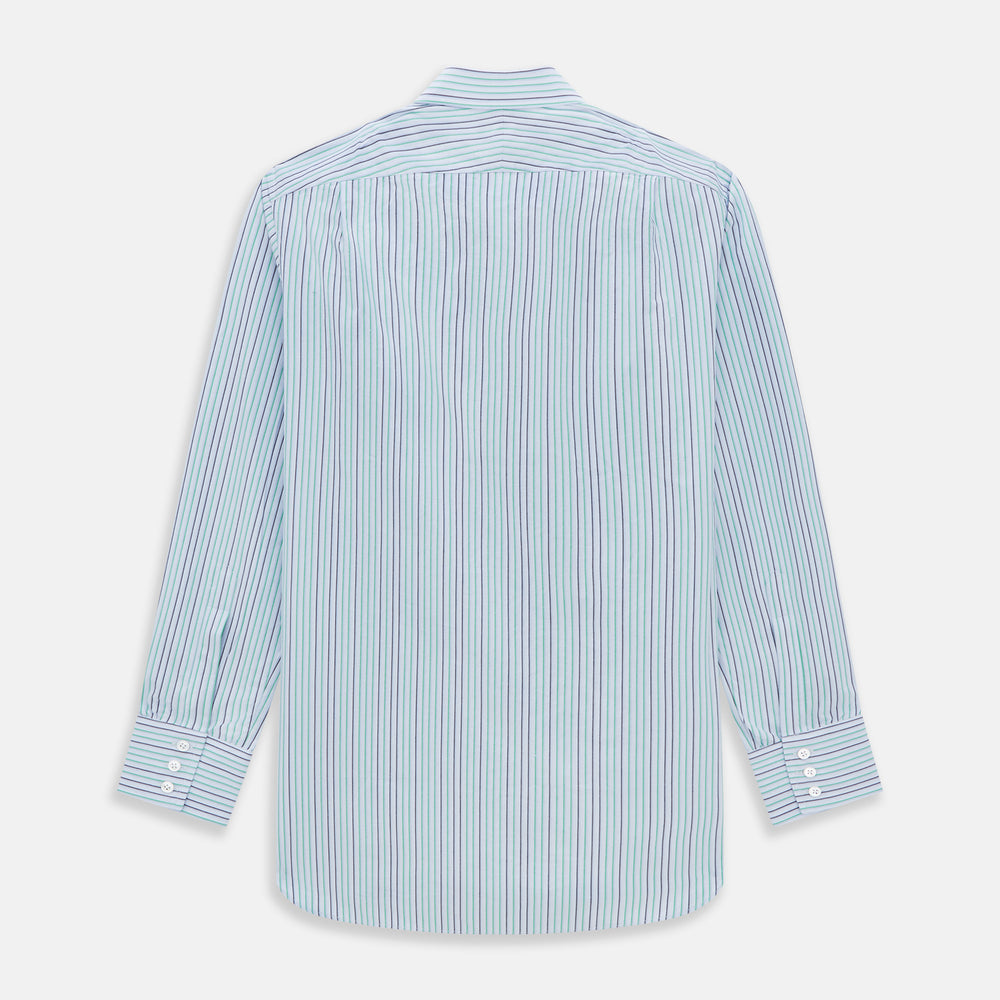 The Green and Blue Shadow Pinstripe Mayfair Shirt by Turnbull & Asser features long sleeves, a pointed collar, white buttons, and subtle green and blue pinstripes—a refined choice for any wardrobe capsule.