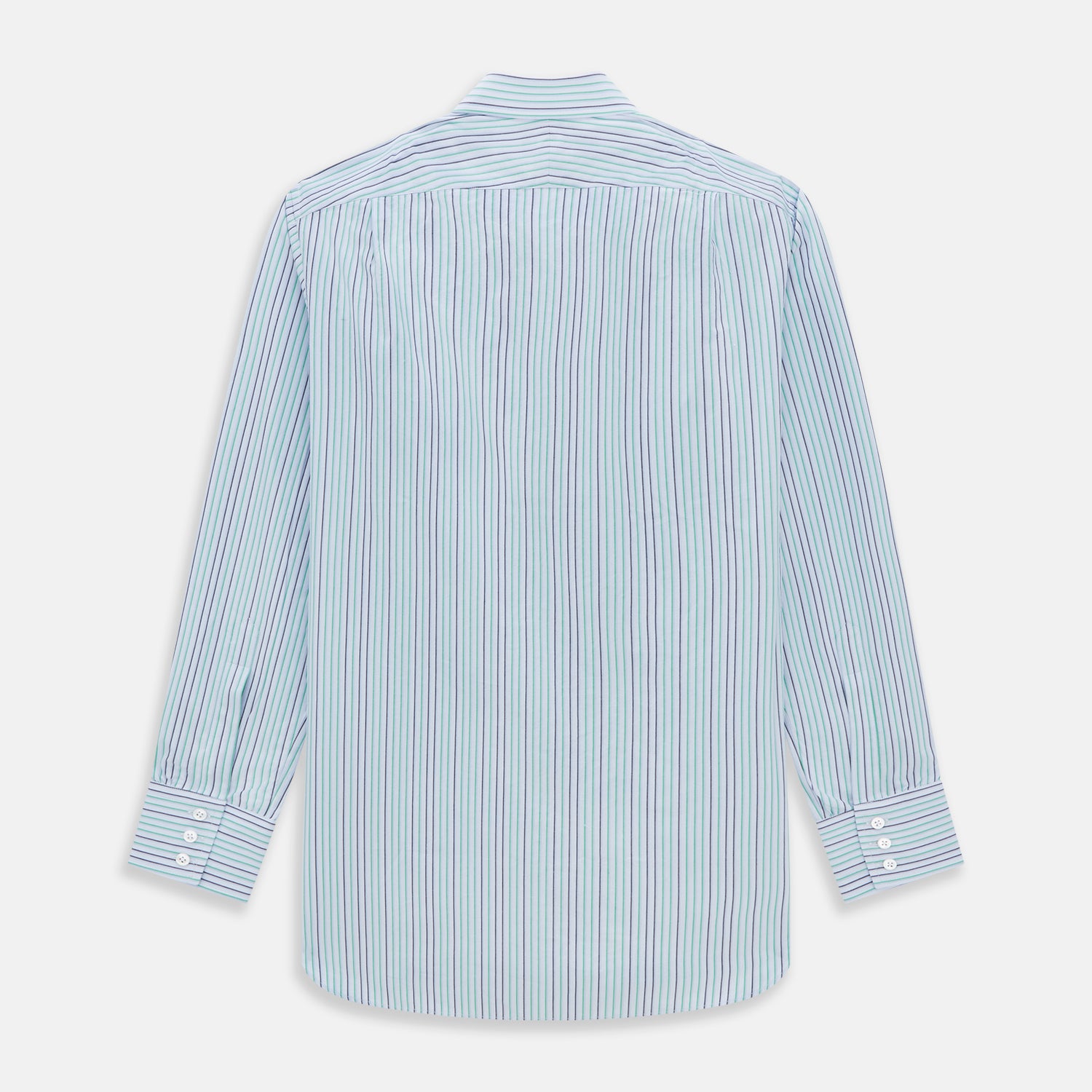 View 5 of product The Green and Blue Shadow Pinstripe Mayfair Shirt by Turnbull & Asser features long sleeves, a pointed collar, white buttons, and subtle green and blue pinstripes—a refined choice for any wardrobe capsule.