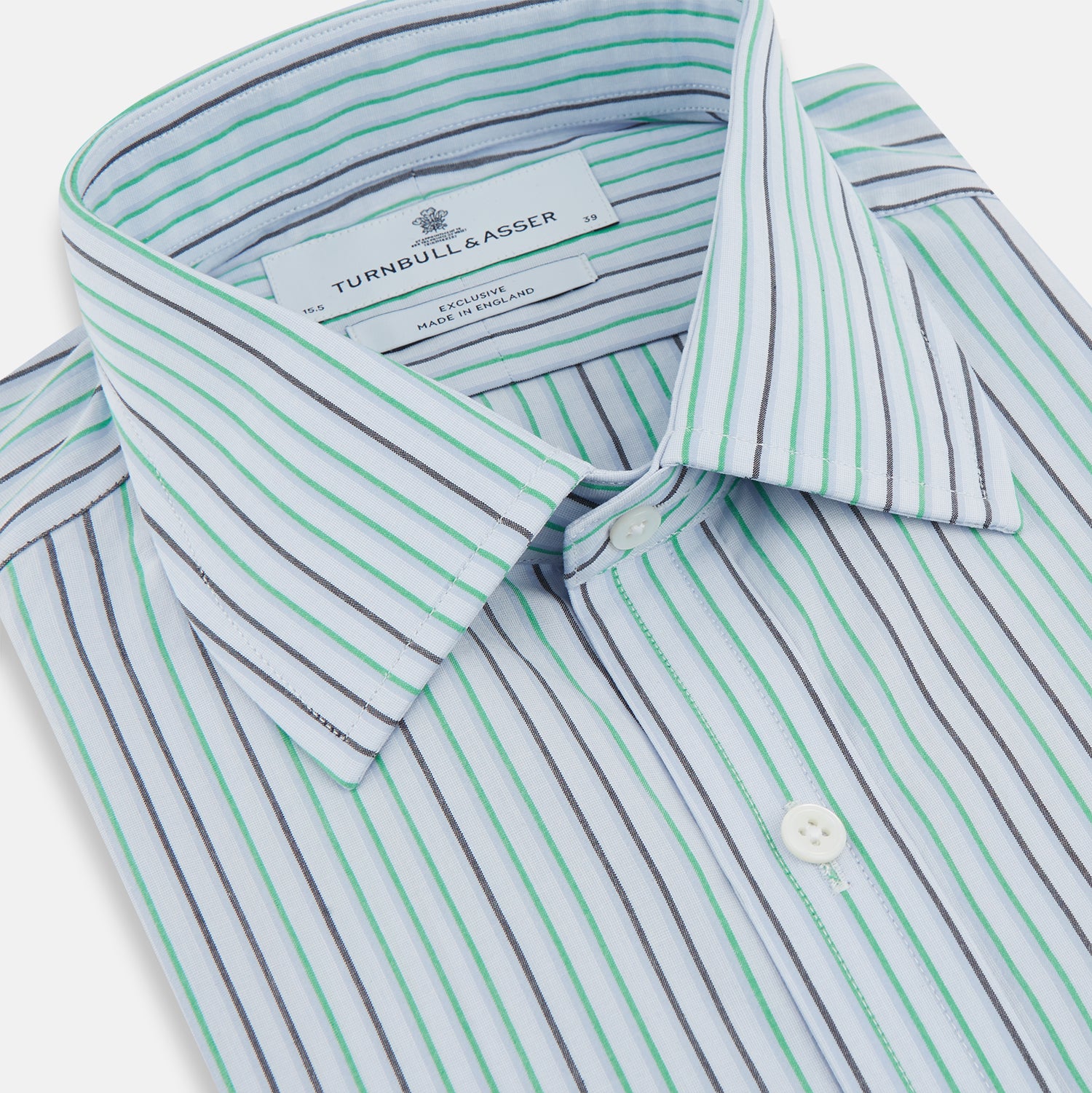 View 2 of product The Green and Blue Shadow Pinstripe Mayfair Shirt by Turnbull & Asser features long sleeves, a pointed collar, white buttons, and subtle green and blue pinstripes—a refined choice for any wardrobe capsule.