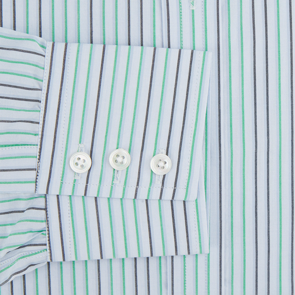 The Green and Blue Shadow Pinstripe Mayfair Shirt by Turnbull & Asser features long sleeves, a pointed collar, white buttons, and subtle green and blue pinstripes—a refined choice for any wardrobe capsule.